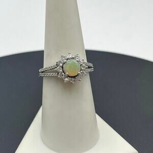 Sterling Silver Natural Opal Vibrant Colors Fire Halo‎ CZ Split-shank Ring 7.5